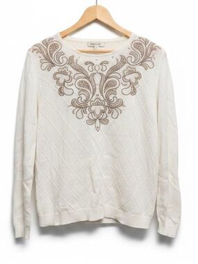 Alfred Dunner Embroidered Rhinestone Off White Knit Top Size M